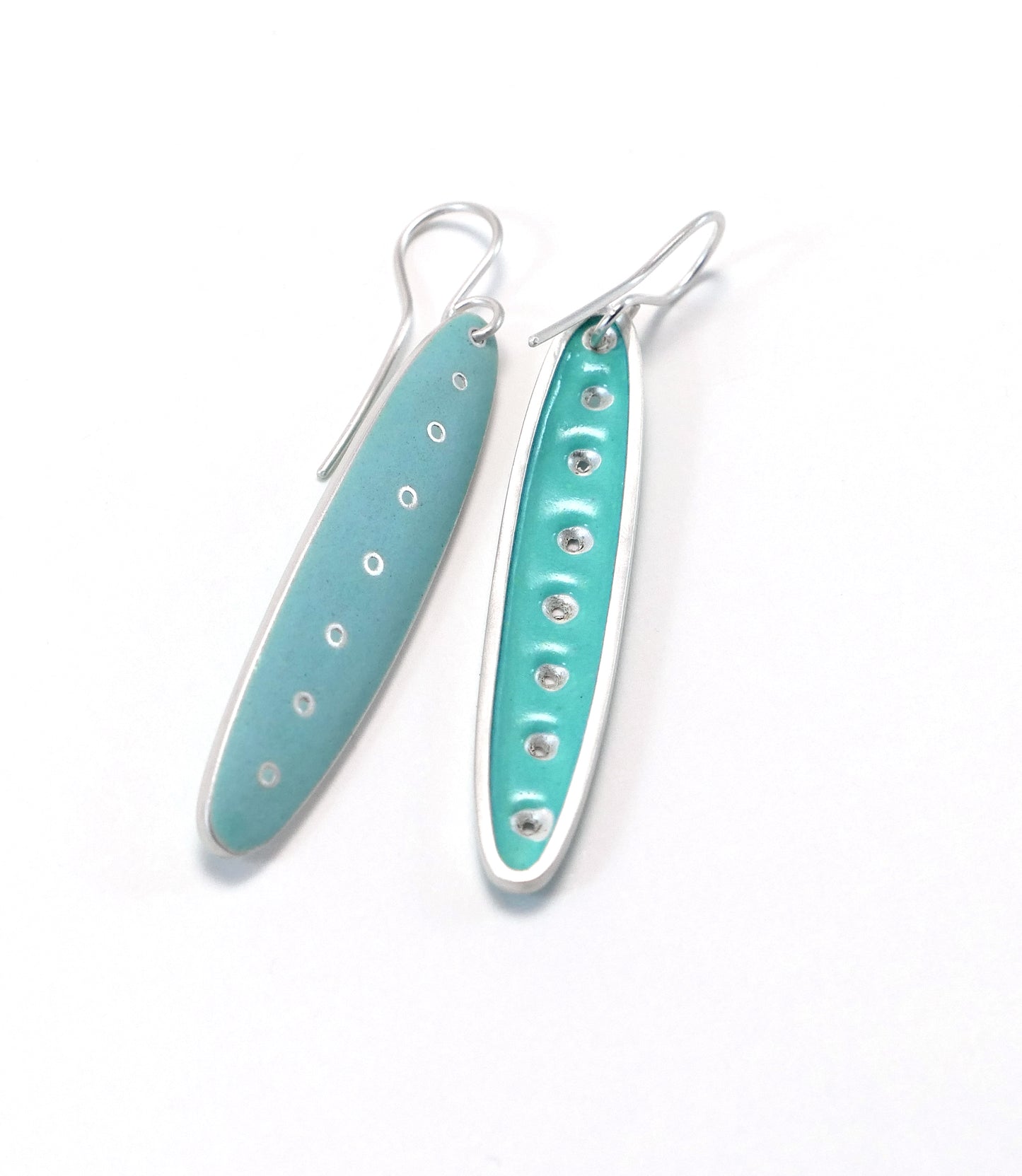 Slender silver & duck-egg blue enamel earrings