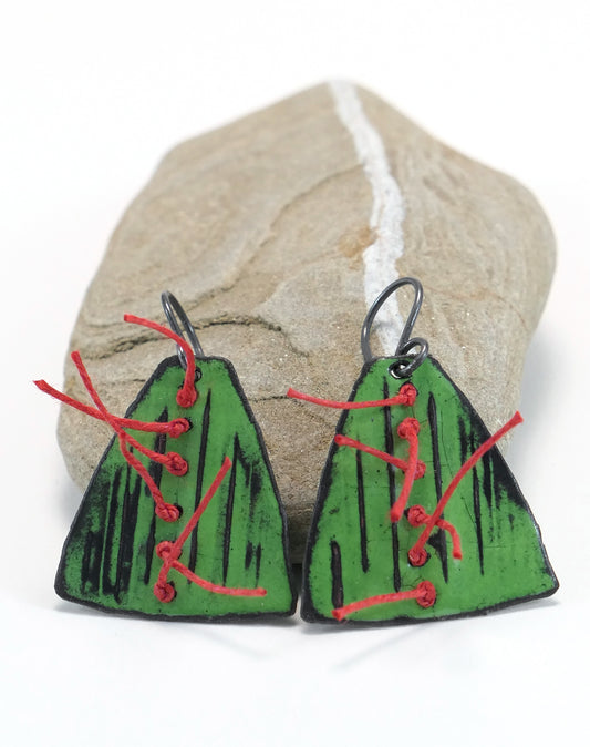 Green Enamel Earrings with red thread