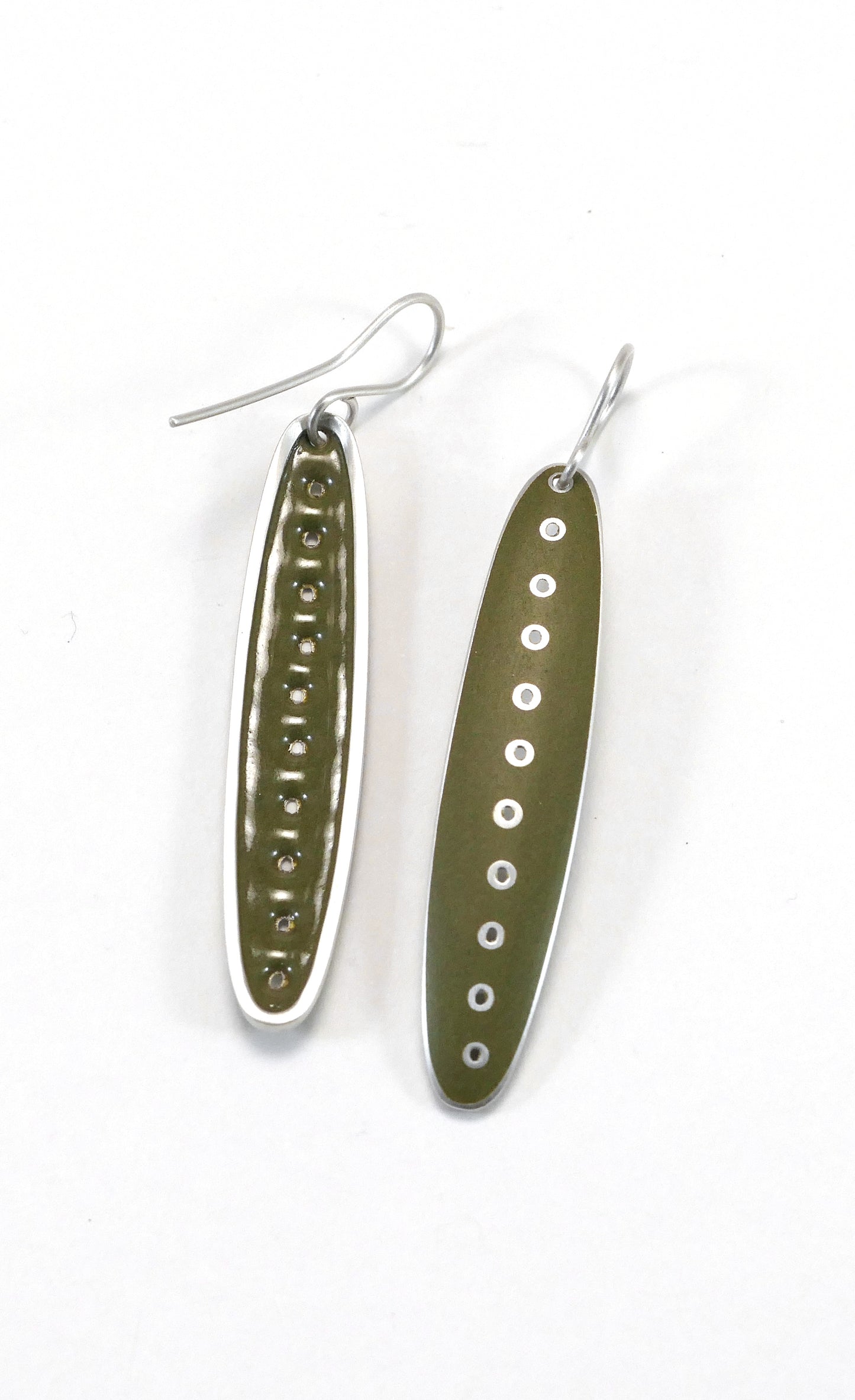 Earrings, Slender Green Olive vitreous enamel on Silver