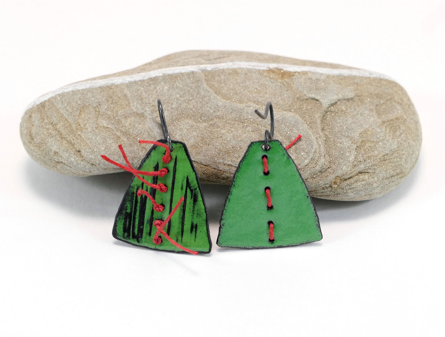 Green Enamel Earrings with red thread