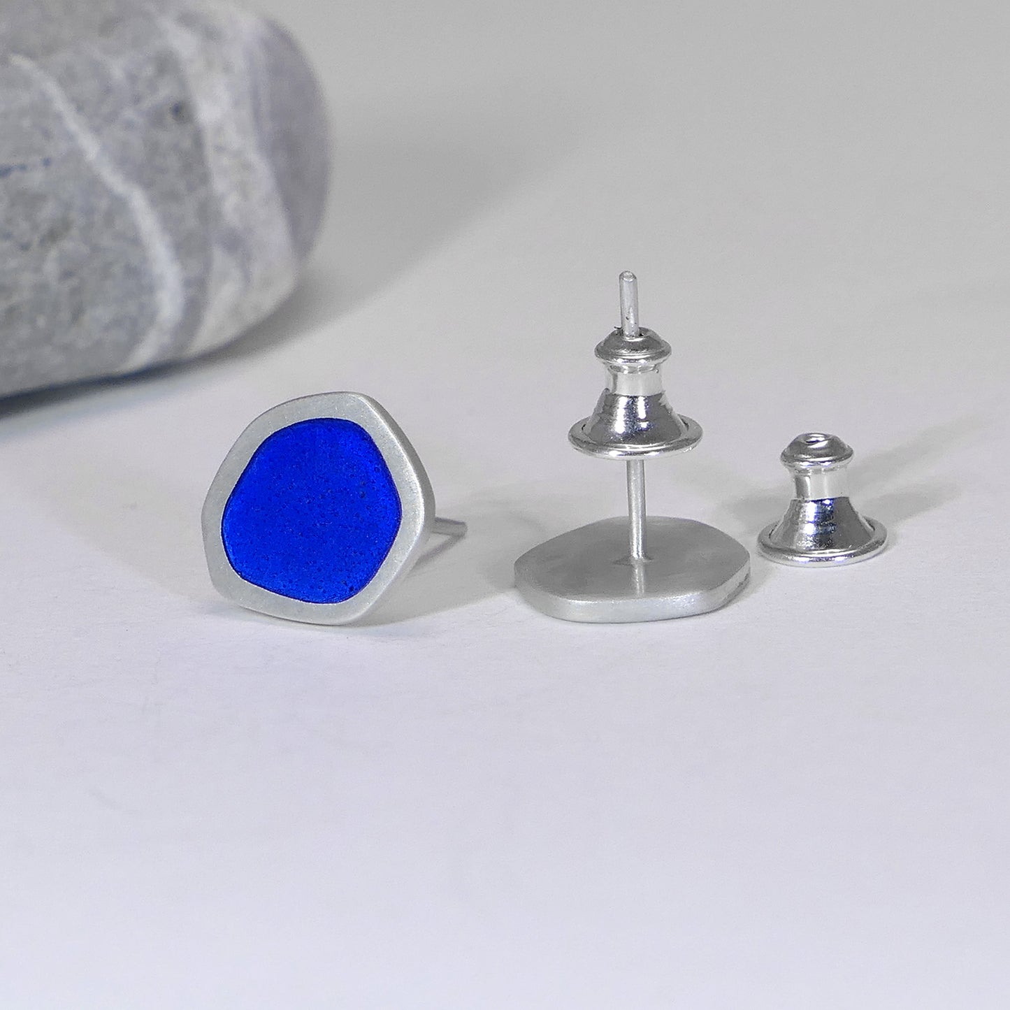 'Flat-boulder' ear studs, mid-blue vitreous enamel