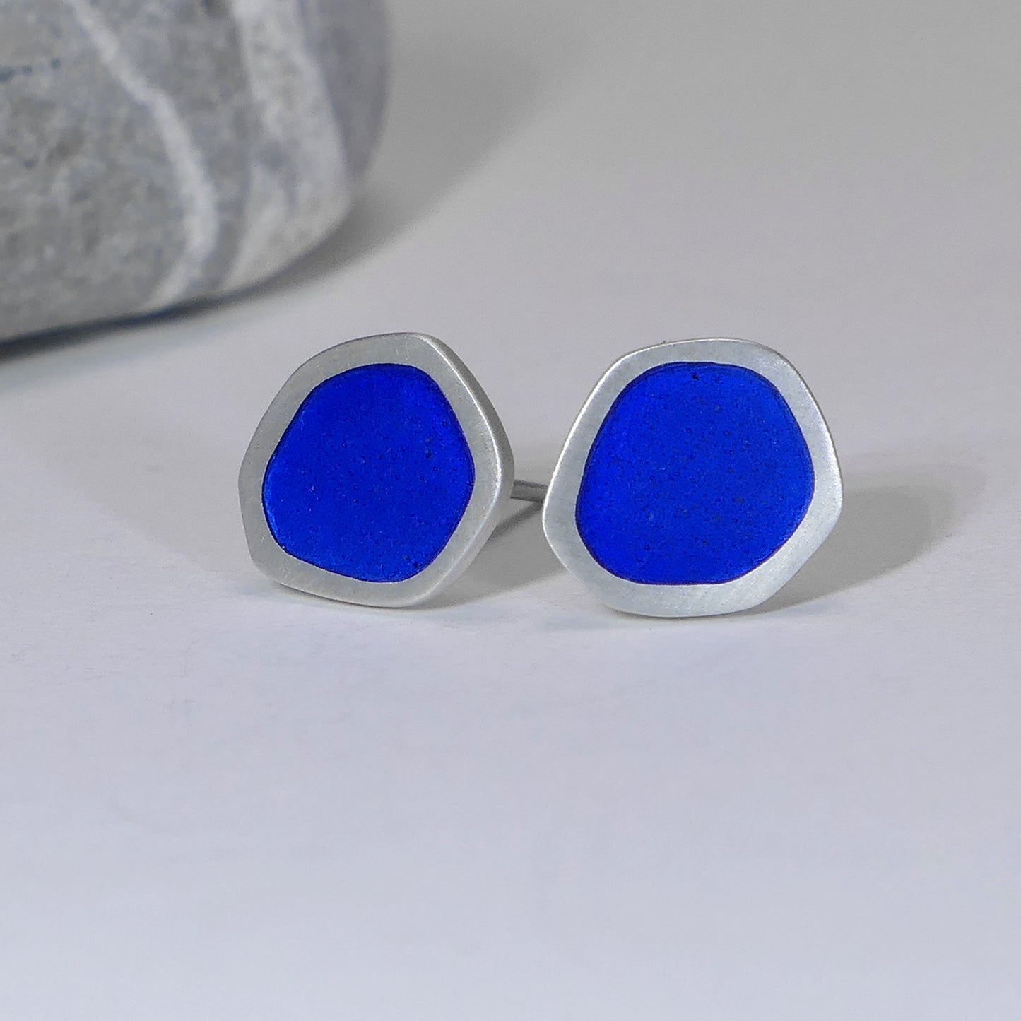 'Flat-boulder' ear studs, mid-blue vitreous enamel