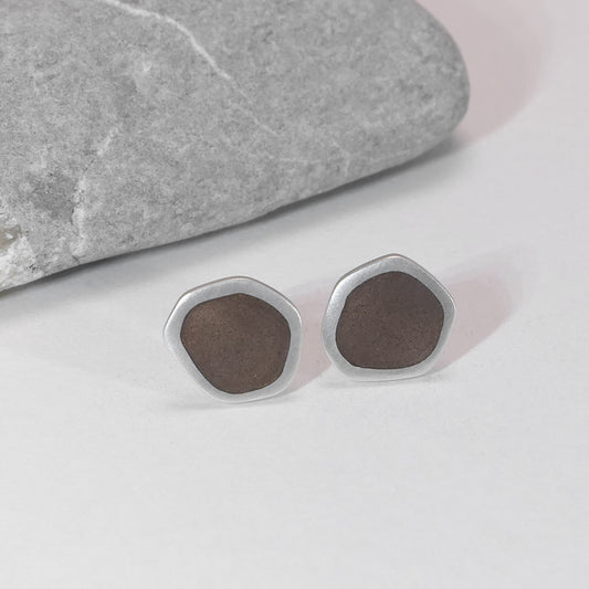 ‘Flat - Boulder’ ear studs. Sterling silver and vitreous enamel, brown