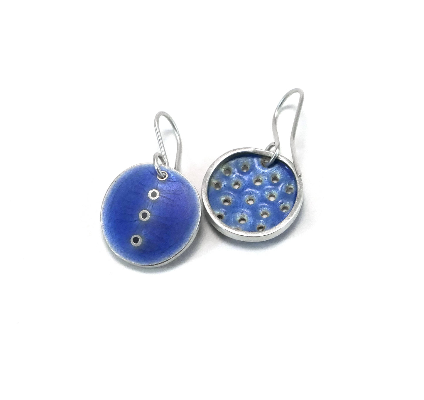 Earrings, silver & lavender polka-dot, odd pair