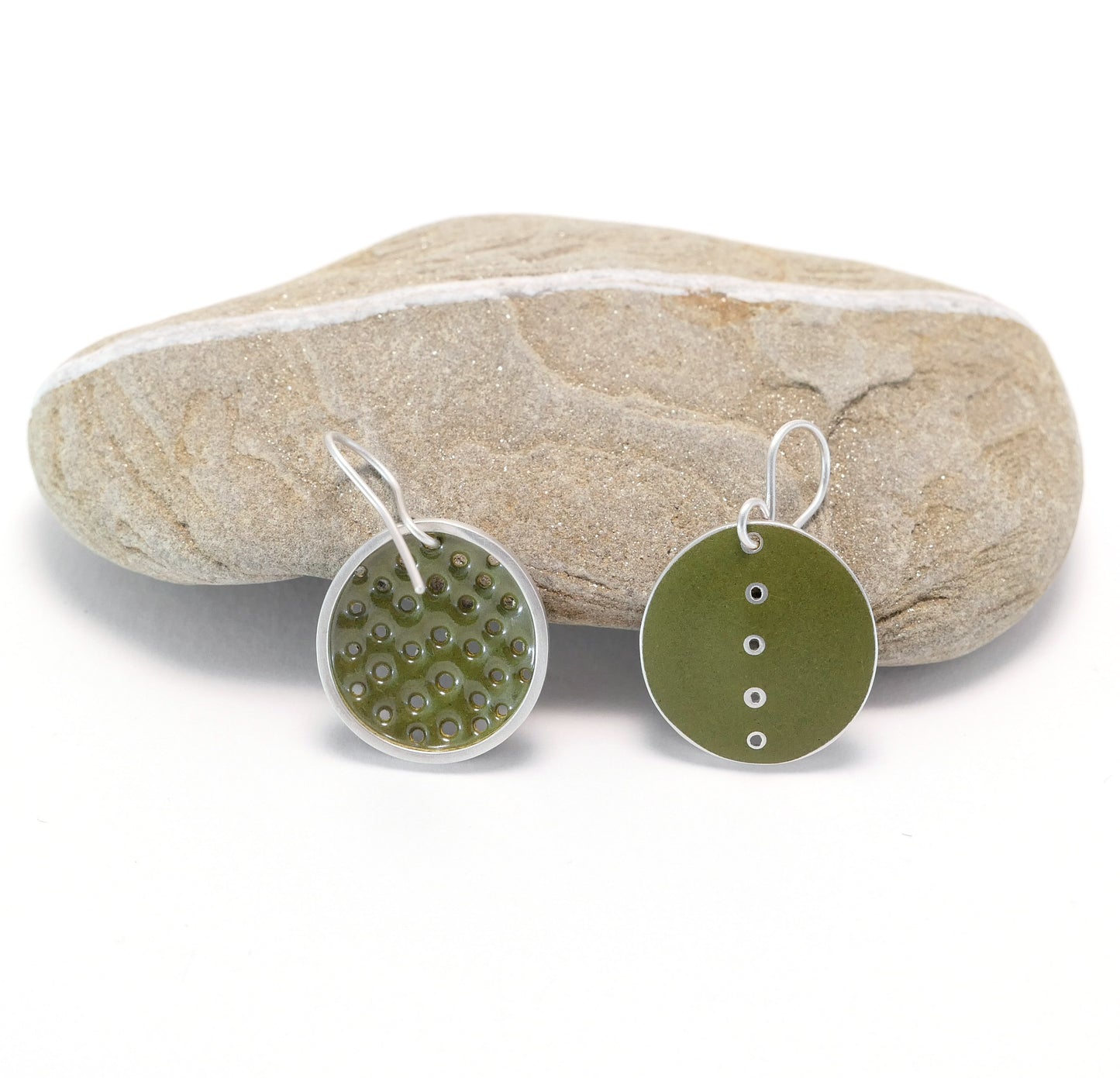 Green Earrings, Silver Polka-Dot, odd pair