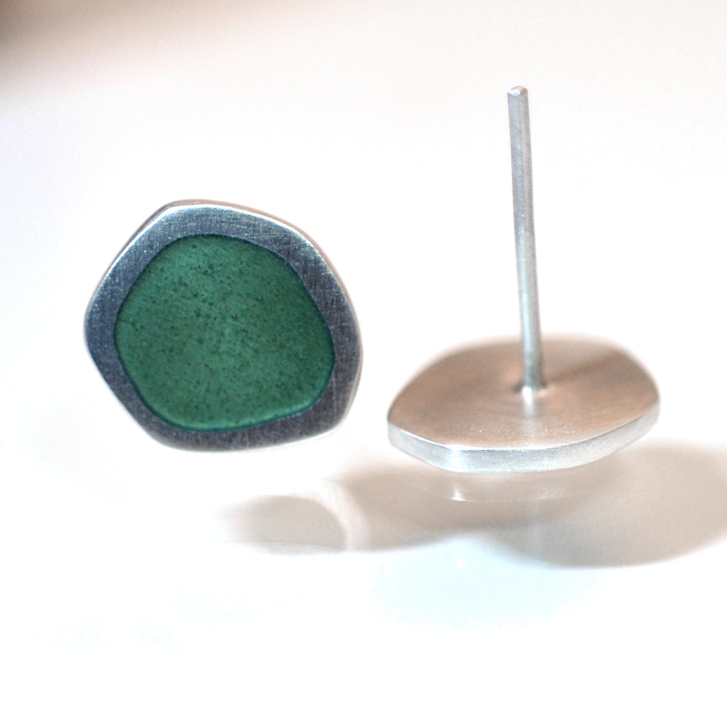 ‘Flat-Boulder’ sterling silver and green-grey vitreous enamel ear studs