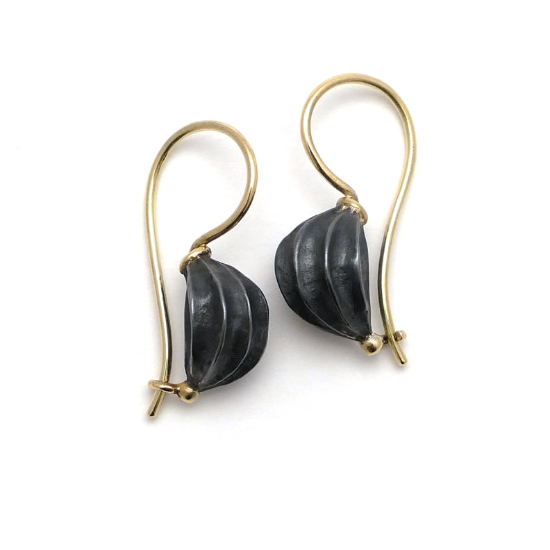 Fat seed pod earrings, oxidised silver with 18ct Gold wire