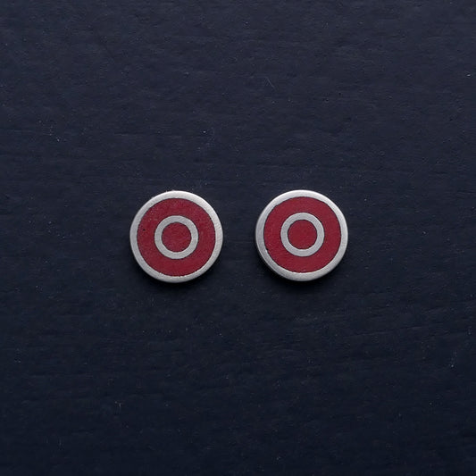 Small-flat-round-ear-studs-with-red-coloured-enamel-in-the-centre