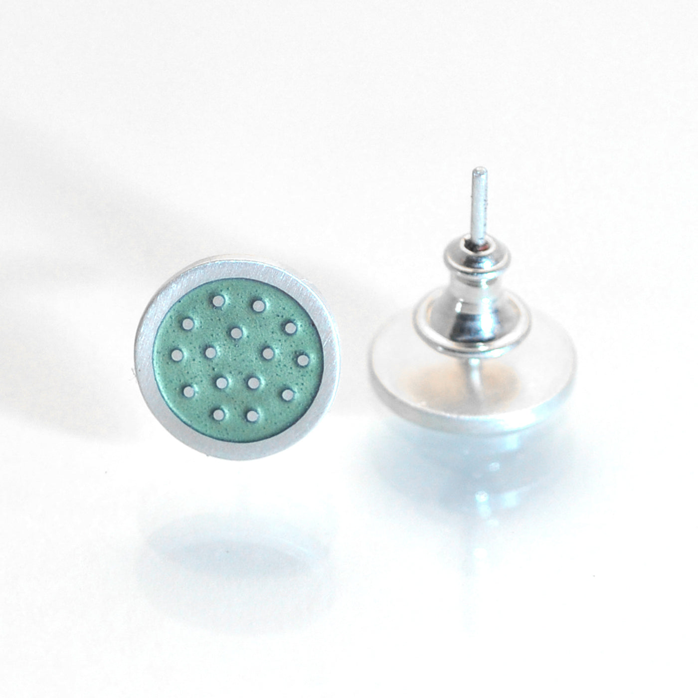 Dotty silver and enamelled ear studs, green grey