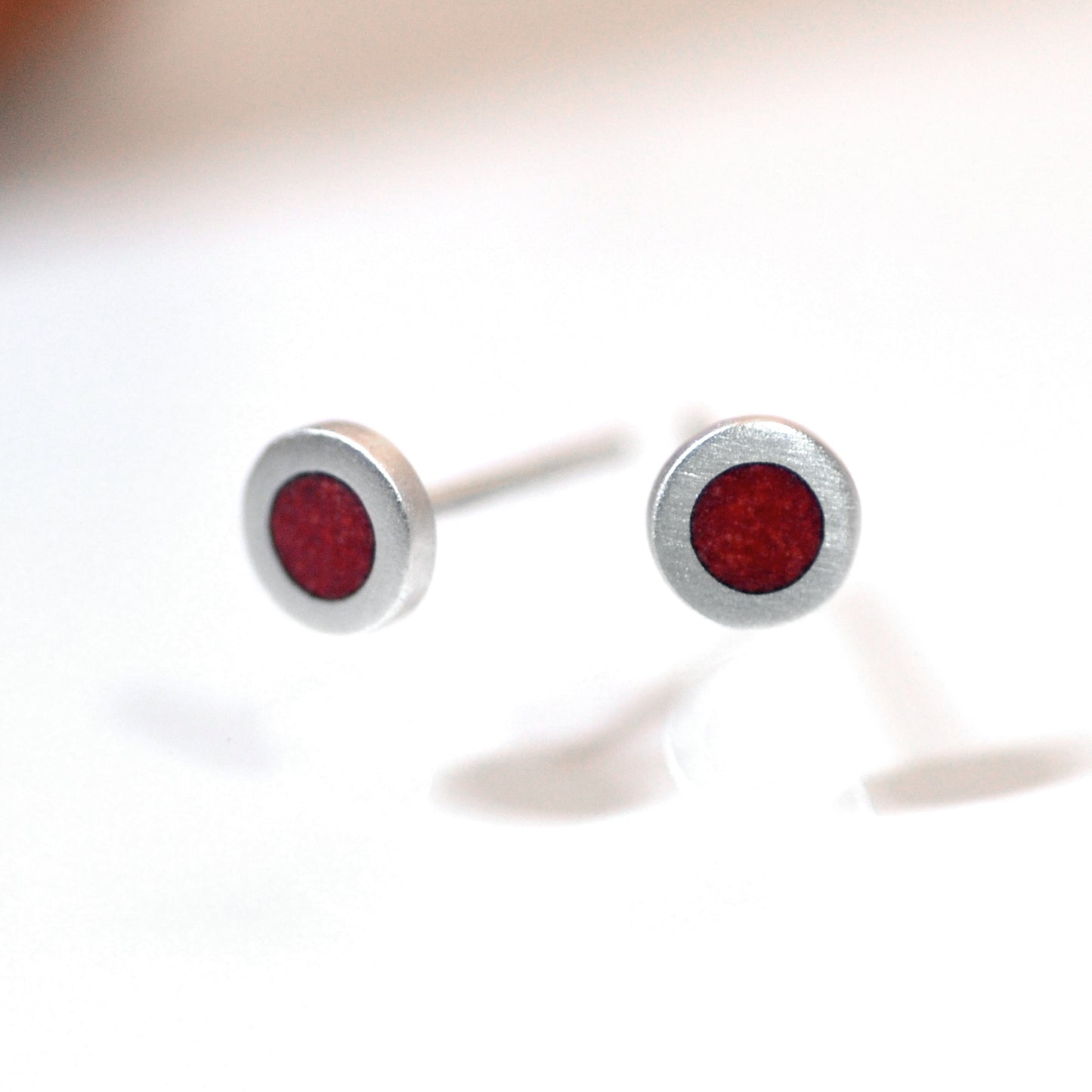 Tiny Round silver and vitreous enamel stud earrings, colour red