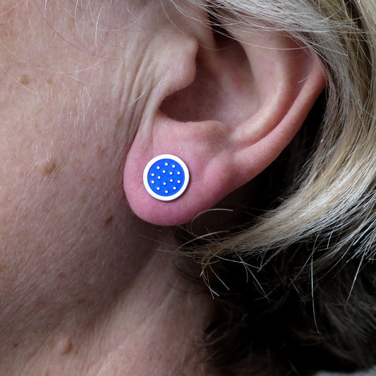Dotty silver and enamelled earrings, mid-blue