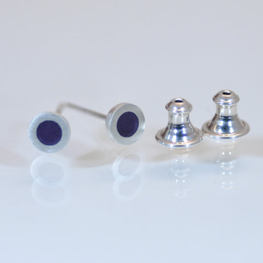 Tiny Round silver and vitreous enamel ear studs, this colour light purple