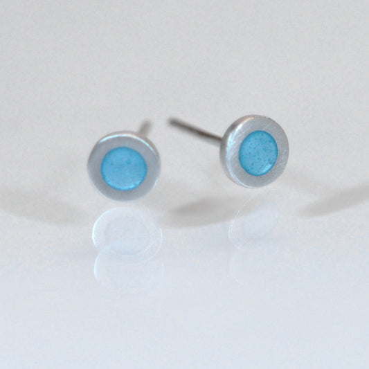 Tiny Round silver and enamel ear studs, this colour light turquoise blue