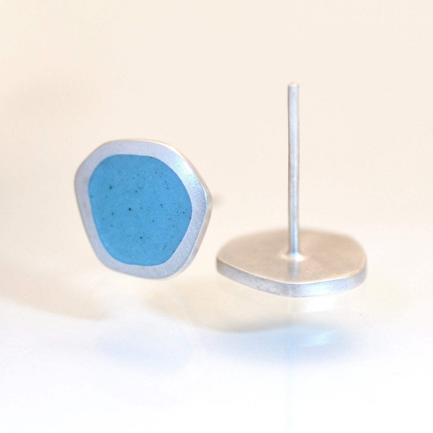 ‘Flat-boulder’ ear studs, silver and light-blue turquoise vitreous enamel