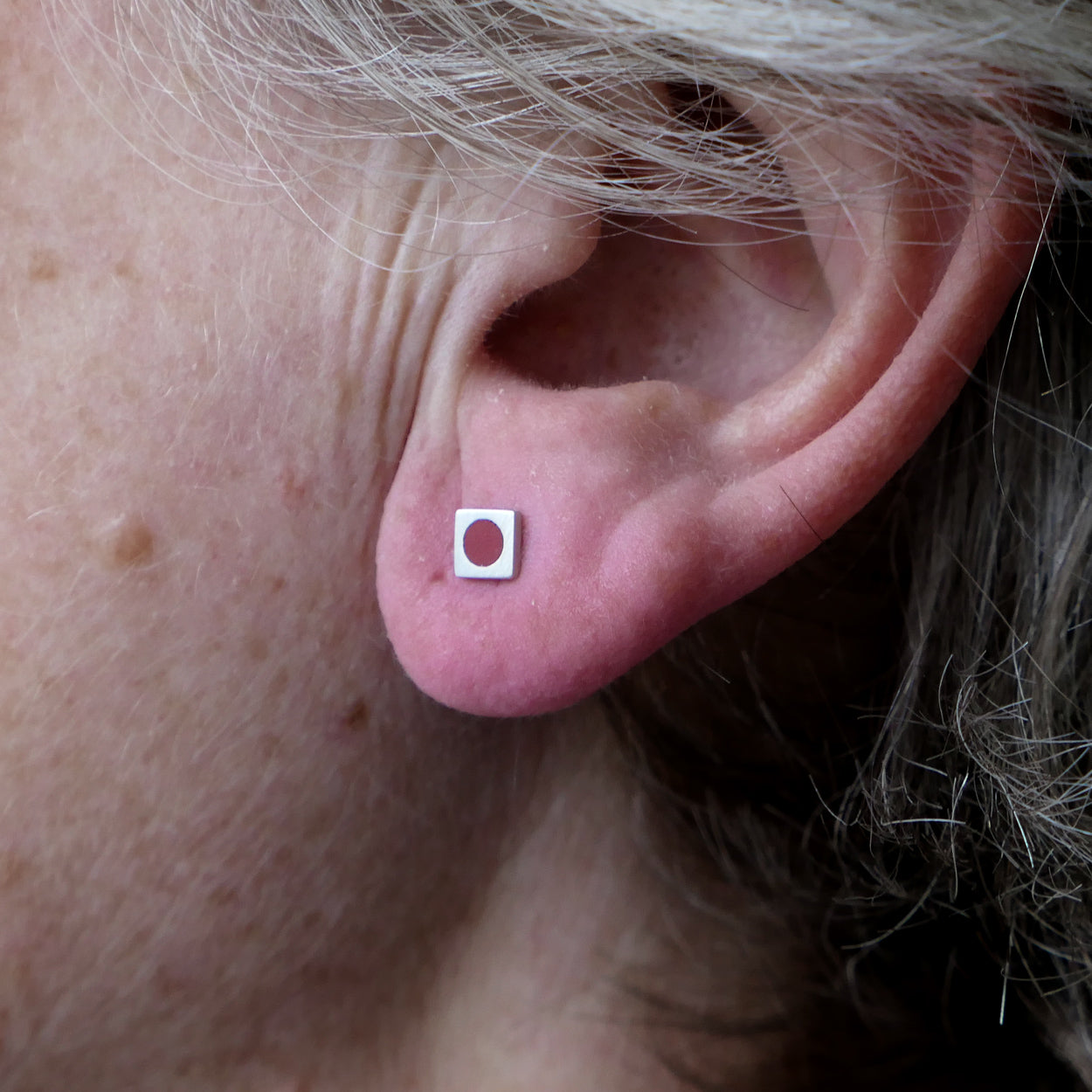 Tiny sterling silver square stud earrings, red