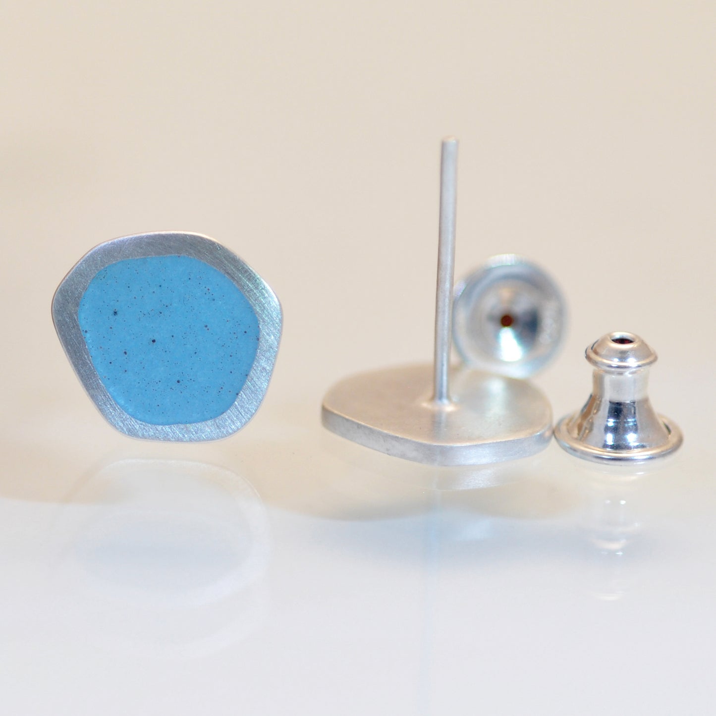 ‘Flat-boulder’ ear studs, silver and light-blue turquoise vitreous enamel