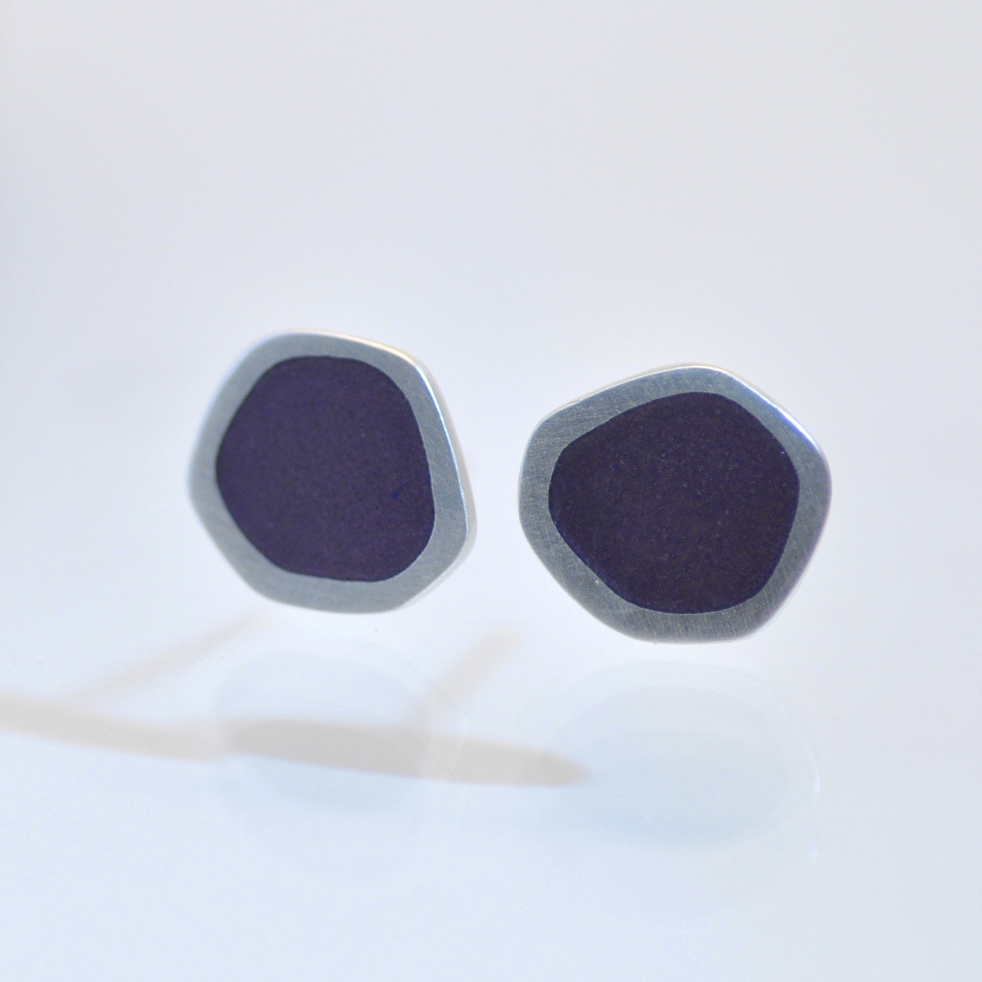 ‘Flat-boulder’ ear-stud, silver and purple vitreous enamel