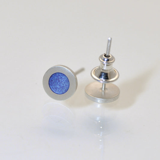 Small flat round ear studs with coloured enamel in the centre