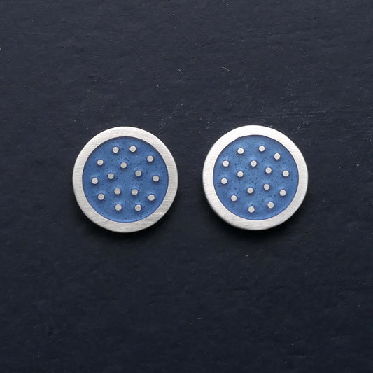 Dotty silver and ‘grey blue’ enamelled ear studs