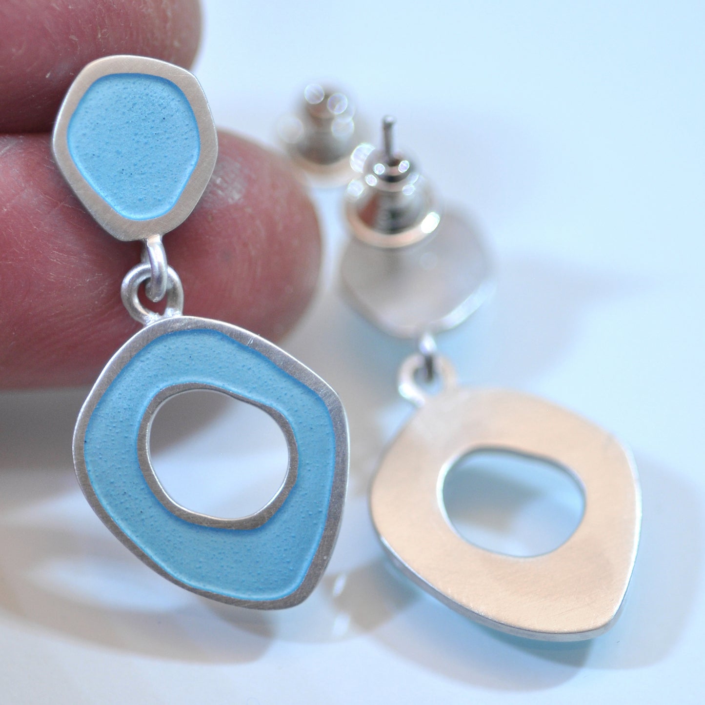 New ‘Flat- Boulder’ stud-drop. Light turquoise blue enamel and sterling silver earrings