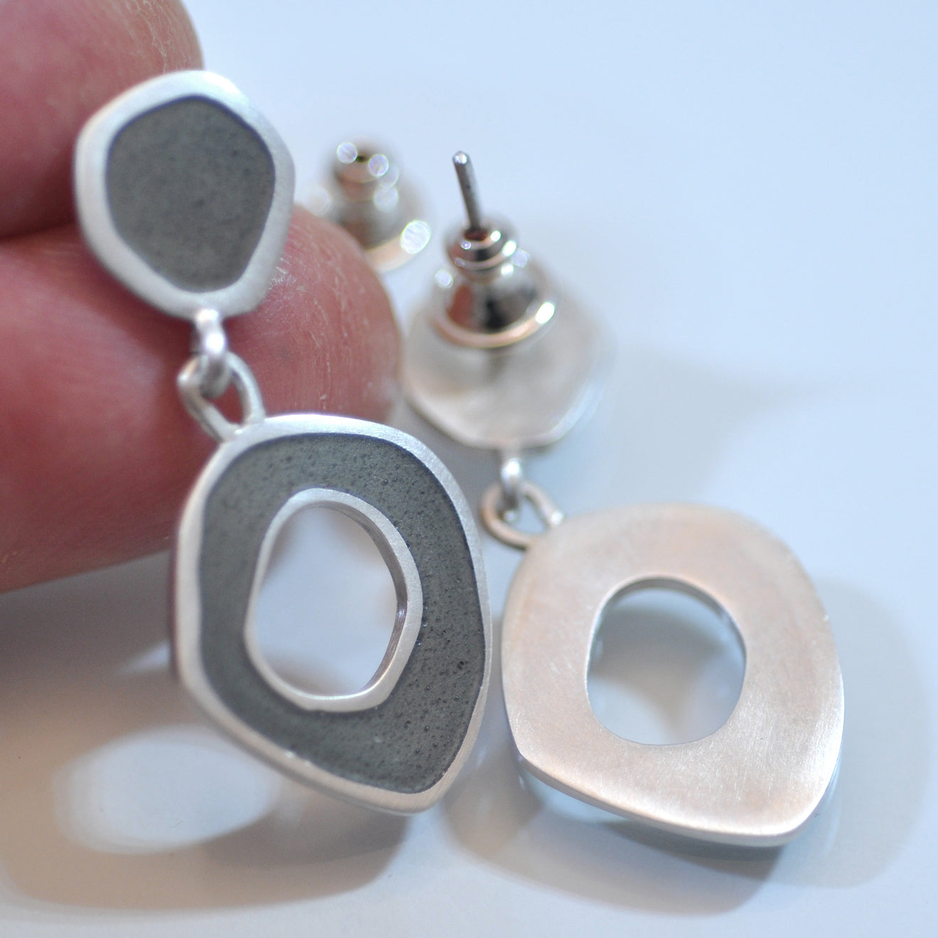 New ‘ Flat- Boulder’ stud-drop. Earth grey enamel and sterling silver earrings