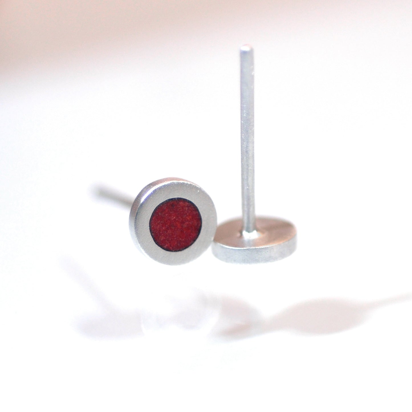 Tiny Round silver and vitreous enamel stud earrings, colour red