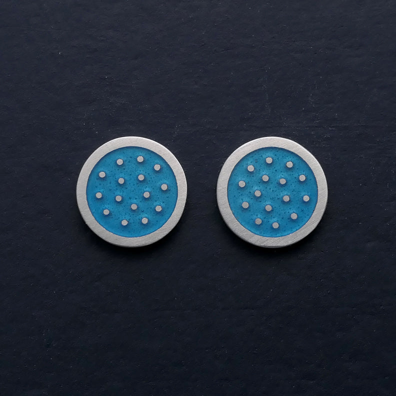Dotty silver and enamelled ear studs, blue turquoise
