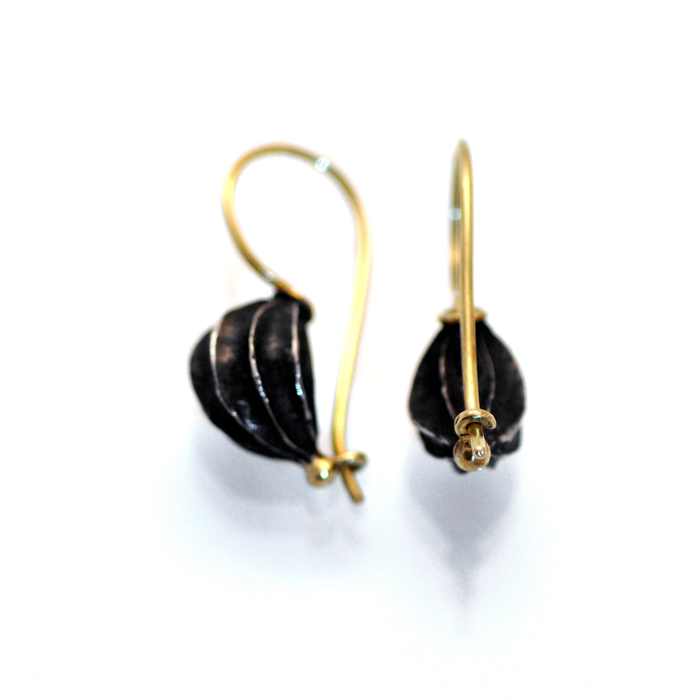 Fat seed pod earrings, oxidised silver with 18ct Gold wire