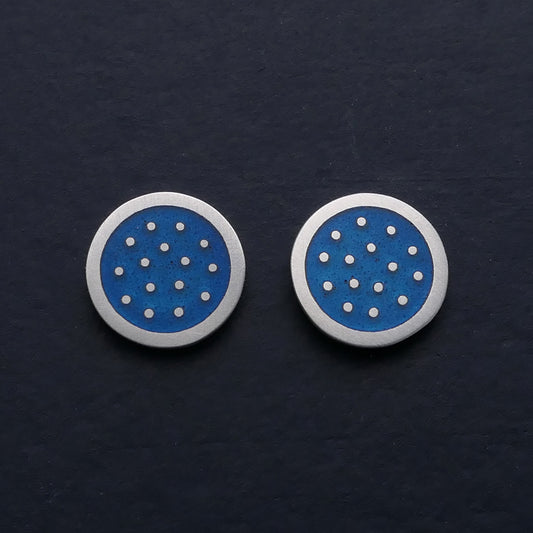 Dotty silver and enamelled ear studs, mid-grey blue