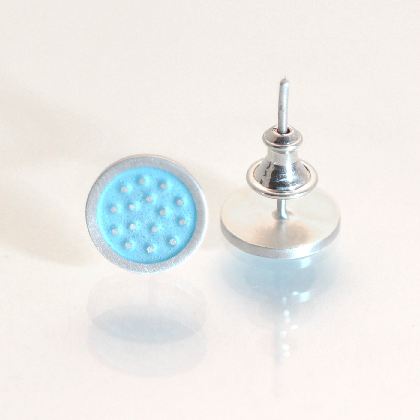 Dotty silver and enamelled ear studs, light green turquiose