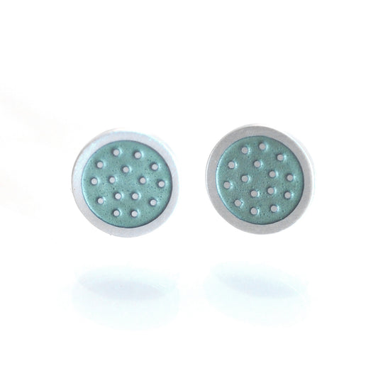 Dotty silver and enamelled ear studs, green grey