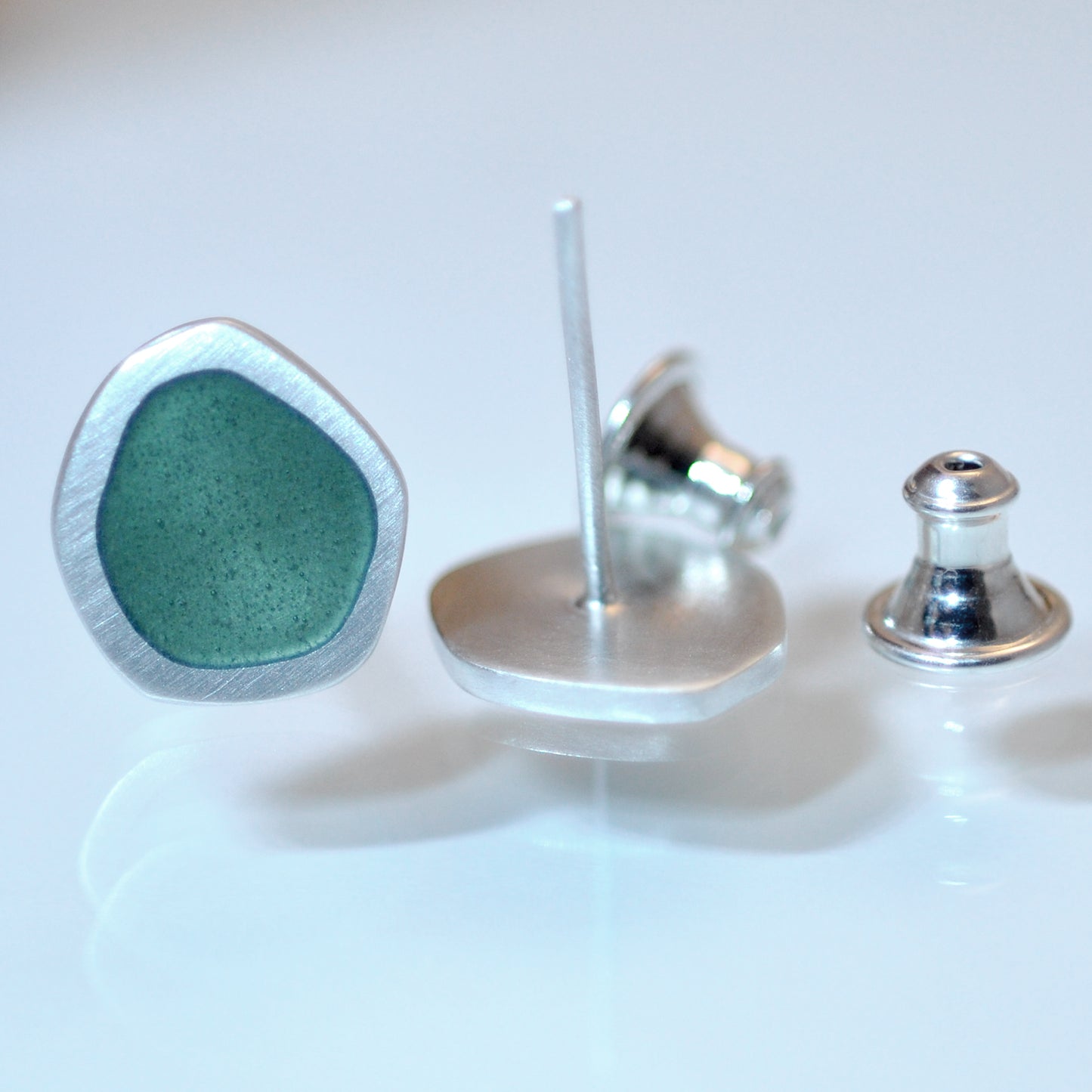 ‘Flat-Boulder’ sterling silver and green-grey vitreous enamel ear studs
