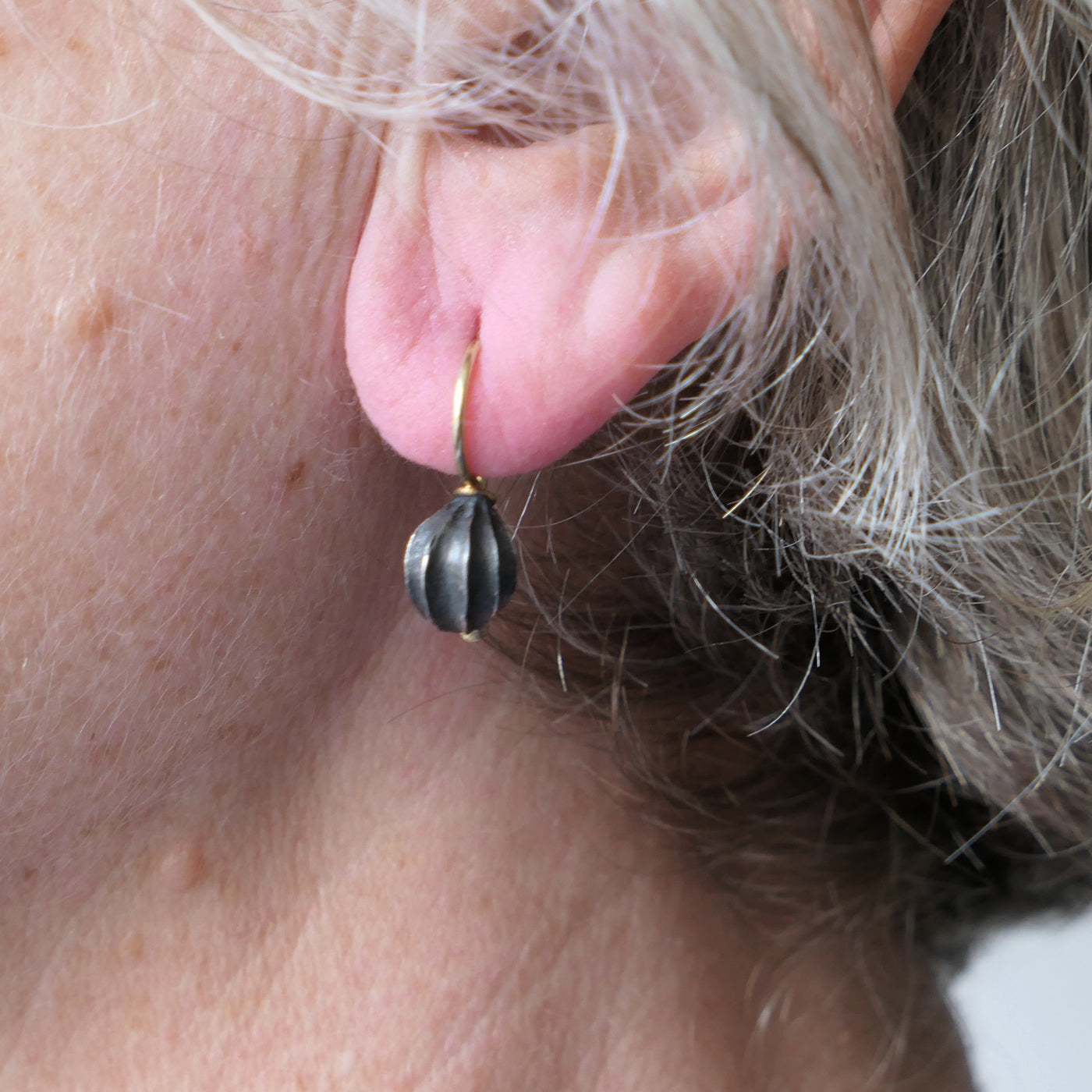 Fat seed pod earrings, oxidised silver with 18ct Gold wire
