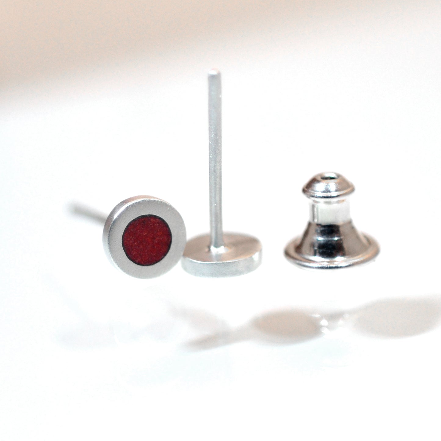 Tiny Round silver and vitreous enamel stud earrings, colour red