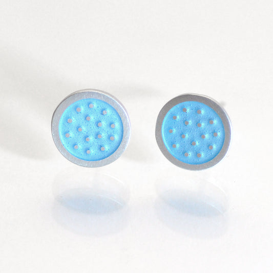 Dotty silver and enamelled ear studs, light blue turquoise