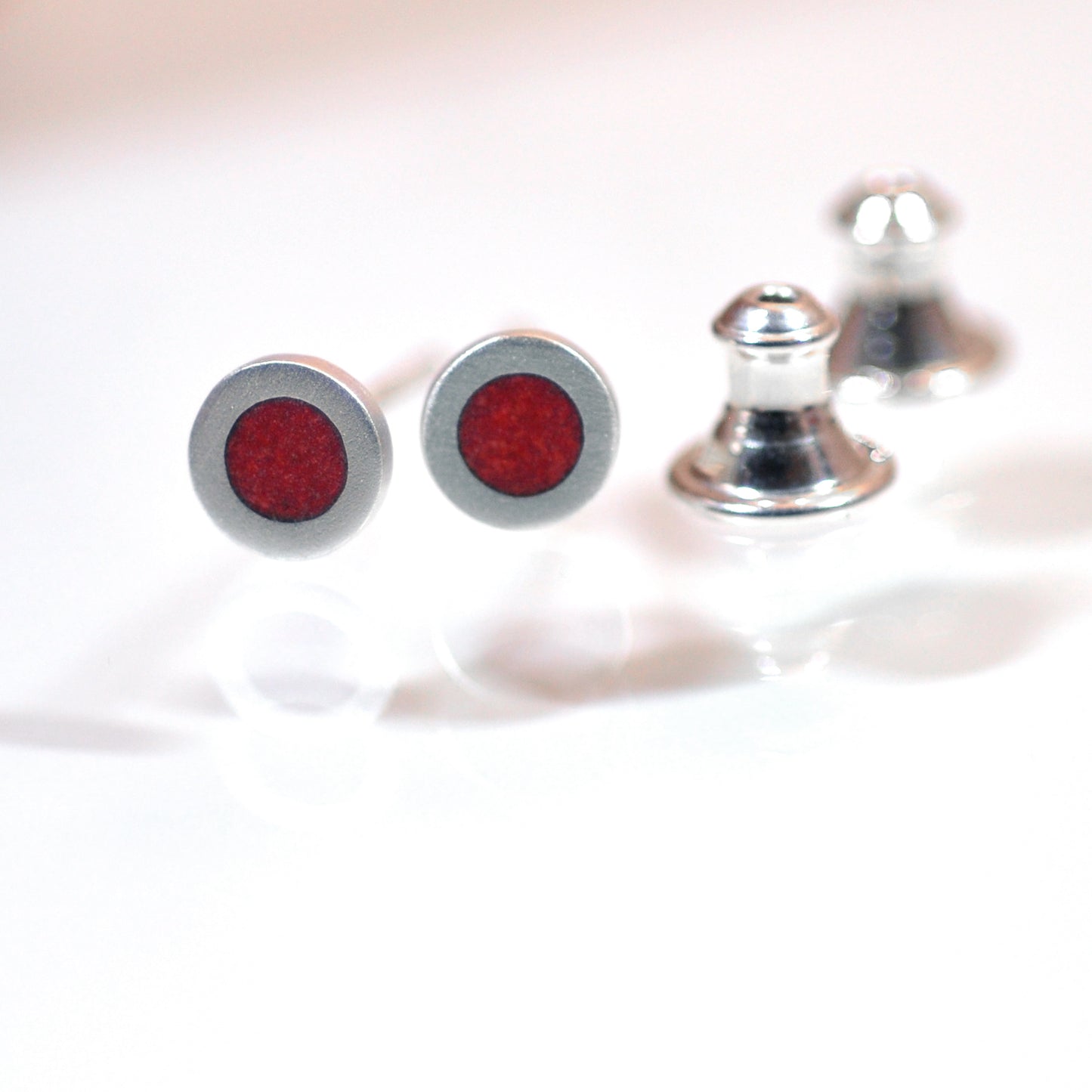 Tiny Round silver and vitreous enamel stud earrings, colour red