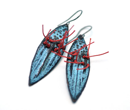 Powder Blue Earrings with red linen thread