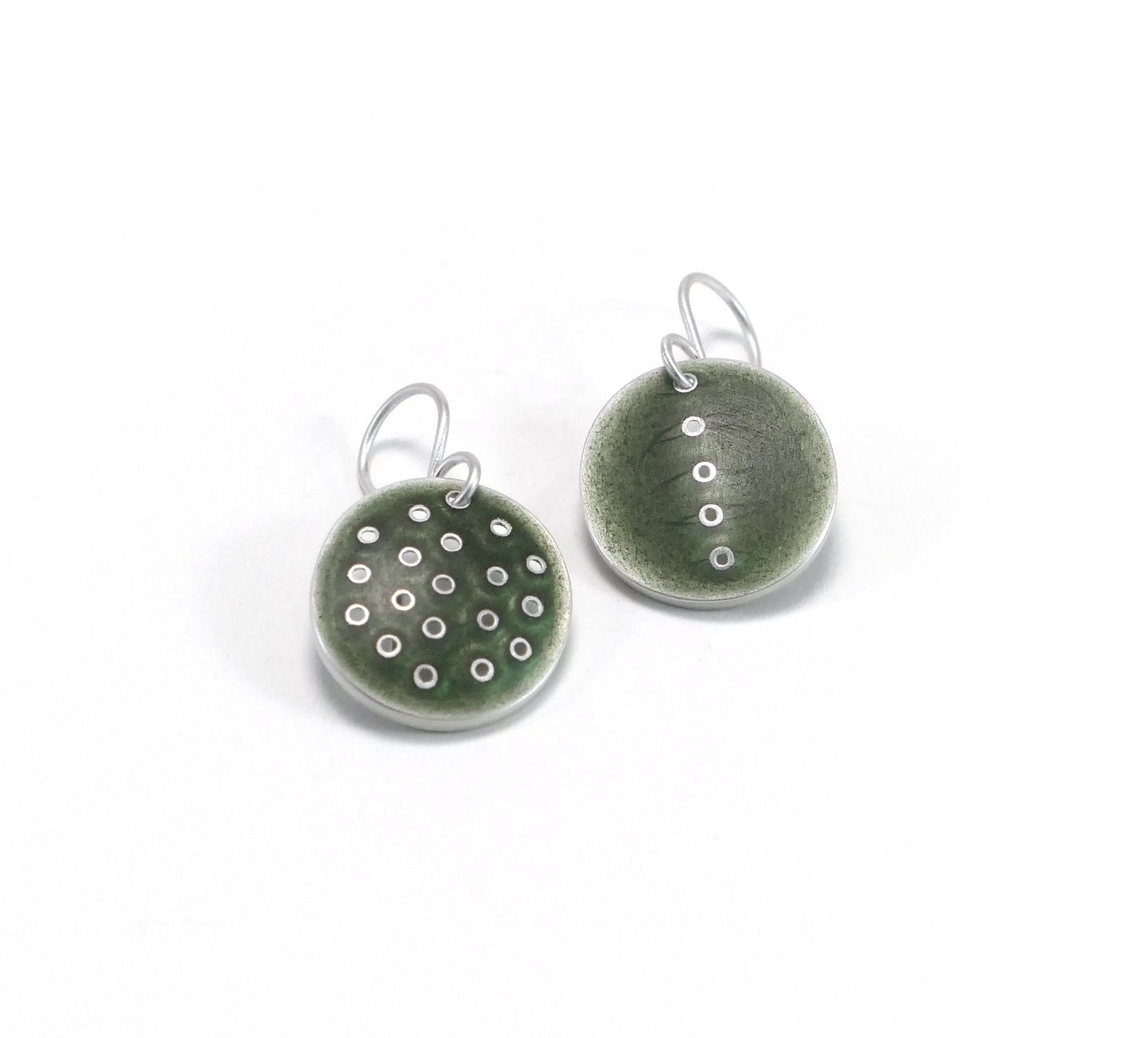 Earrings, Green-Grey enamel fired on sterling silver