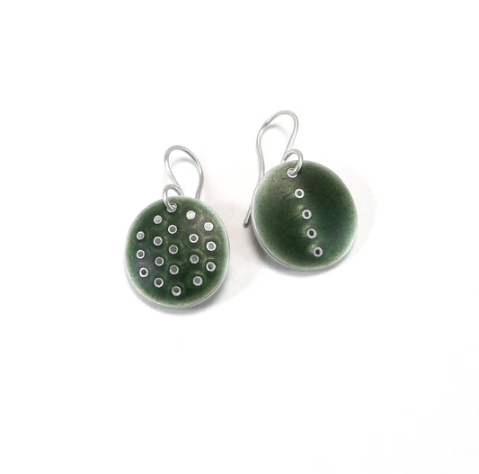 Earrings, Green-Grey enamel fired on sterling silver