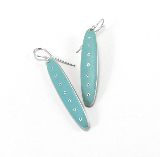 Slender silver & duck-egg blue enamel earrings