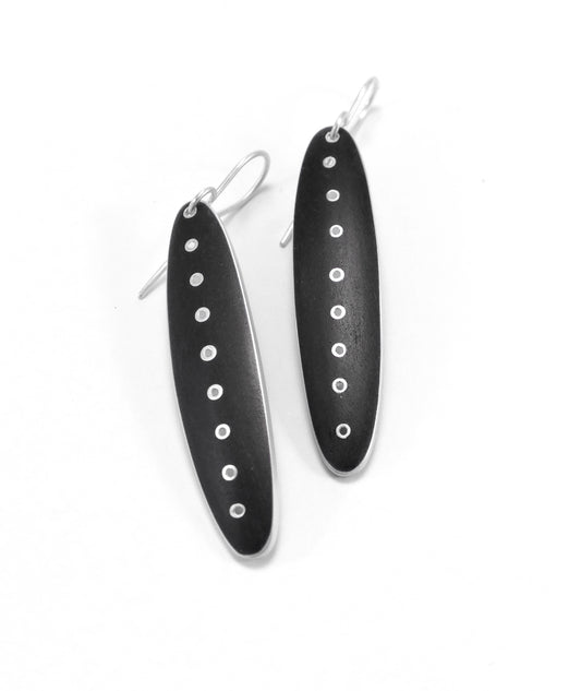 Slender silver & black enamel earrings