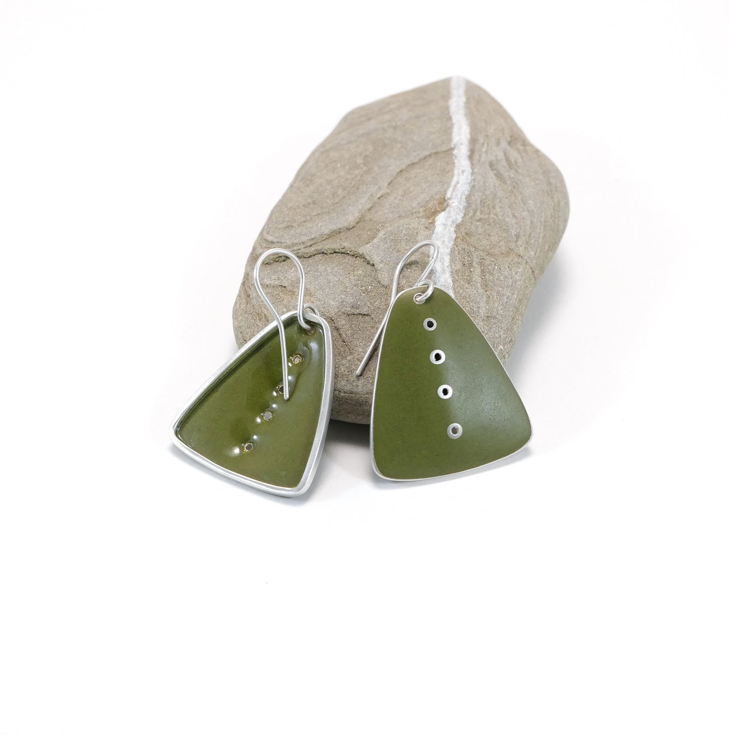 Earrings, Olive Green Vitreous Enamel & Silver