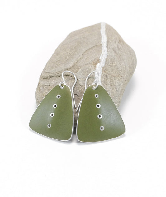 Earrings, Olive Green Vitreous Enamel & Silver