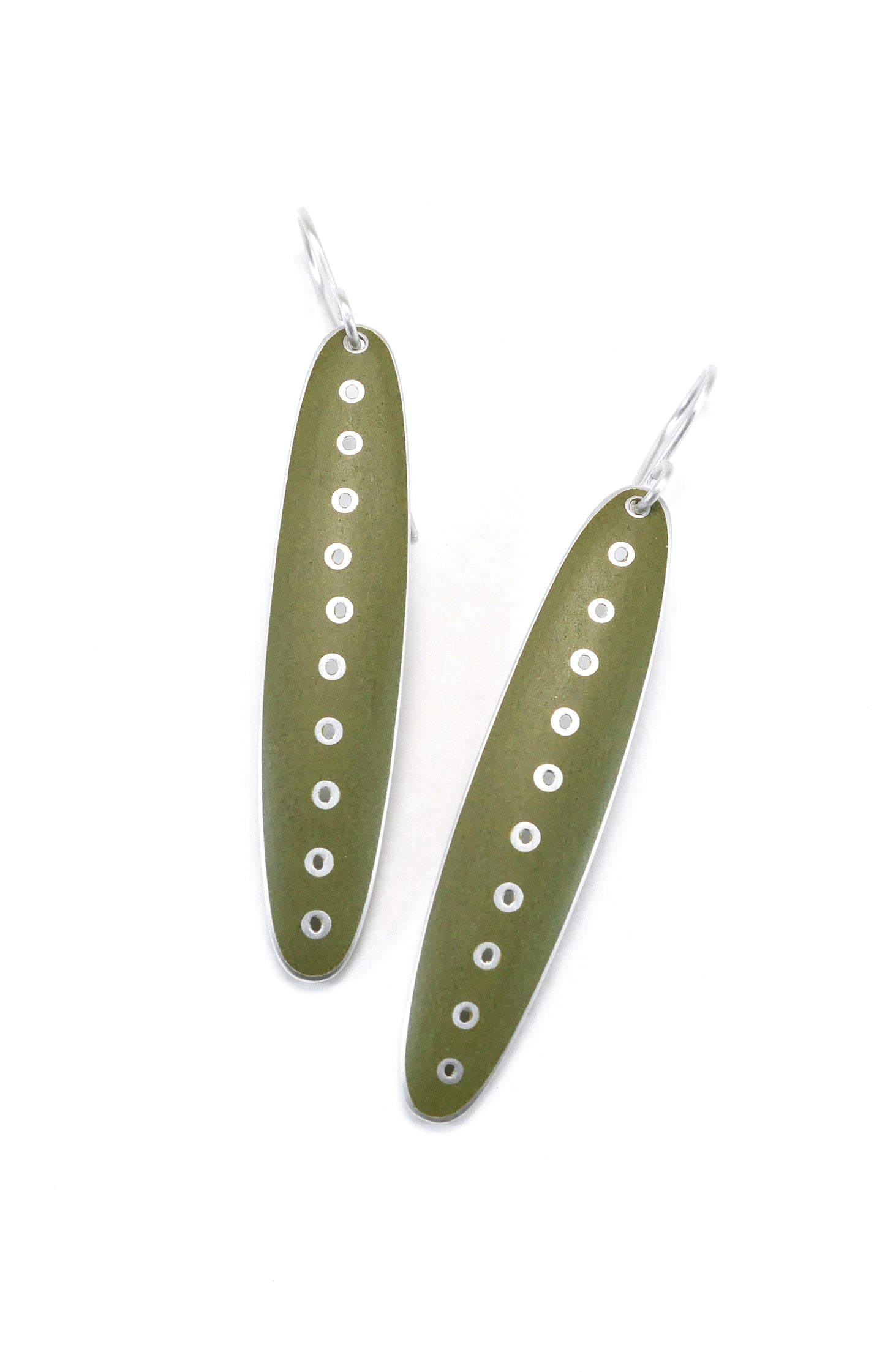 Earrings, Slender Green Olive vitreous enamel on Silver
