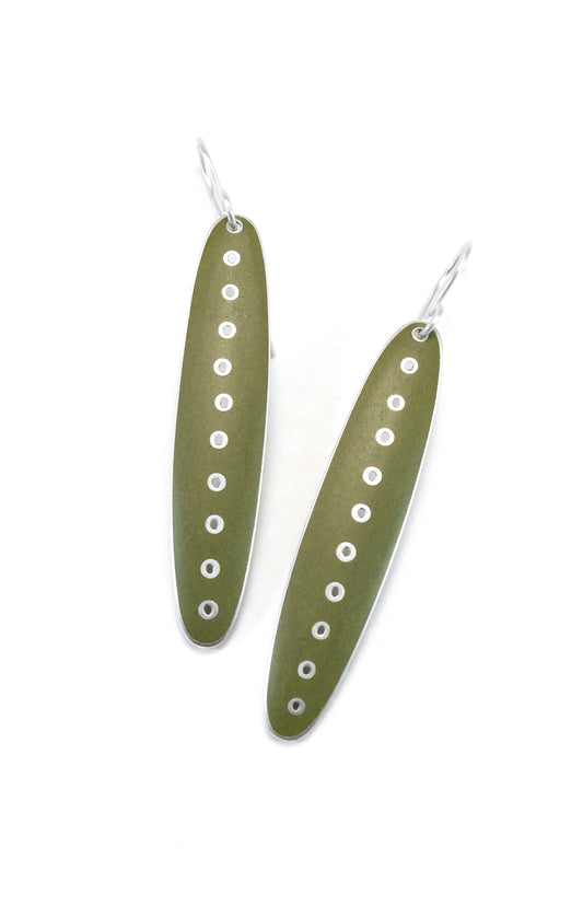 Earrings, Slender Green Olive vitreous enamel on Silver