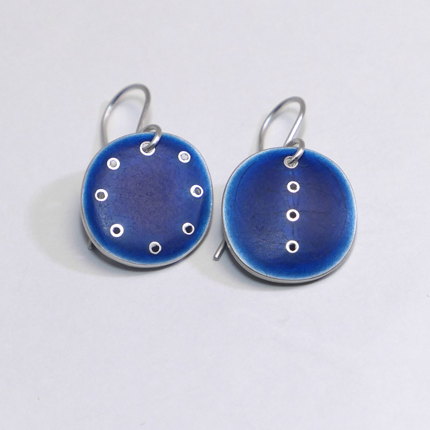 Mid-grey blue enamel earrings 'Honesty' range, odd pair