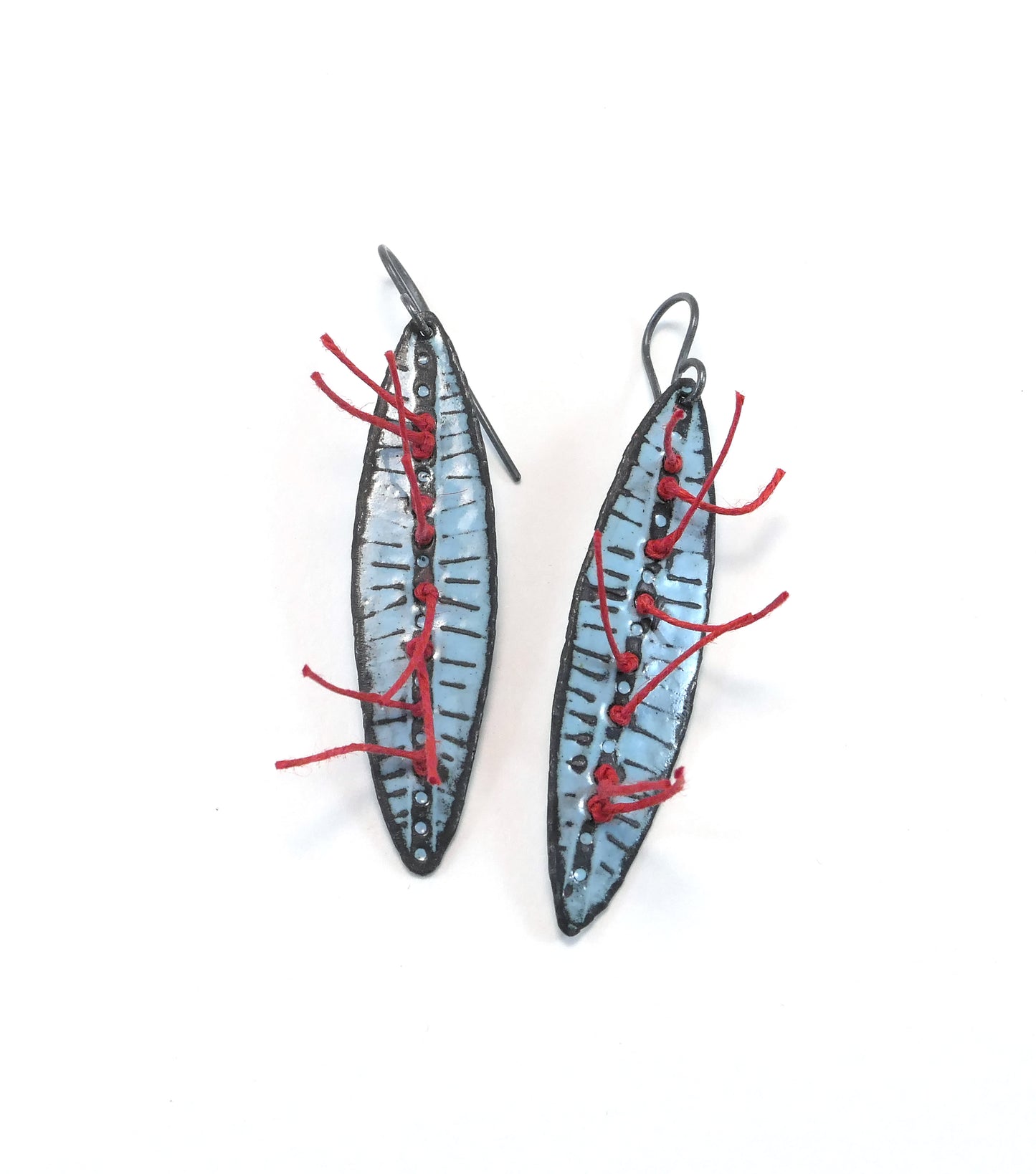 Earrings, Powder Blue enamel with red linen thread