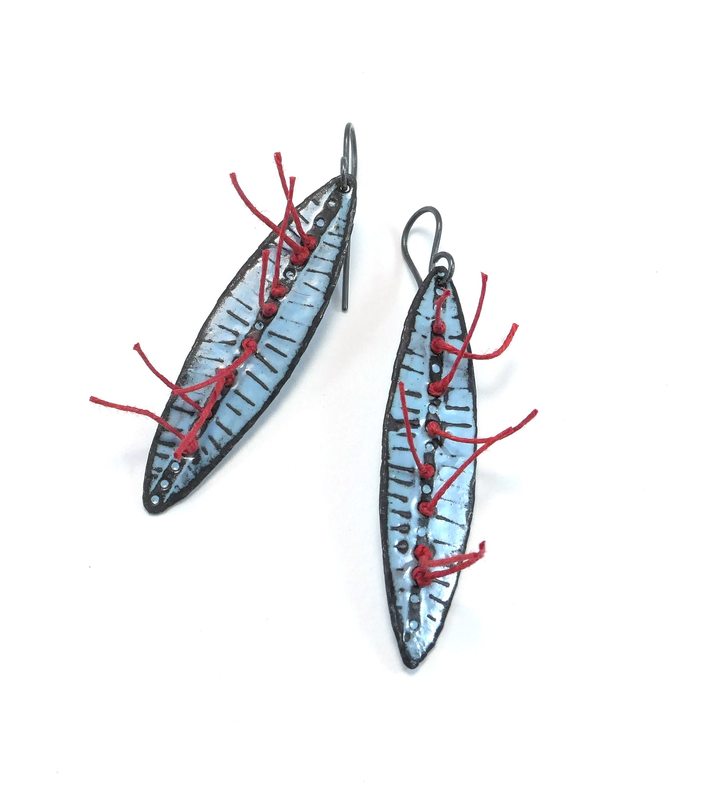 Earrings, Powder Blue enamel with red linen thread