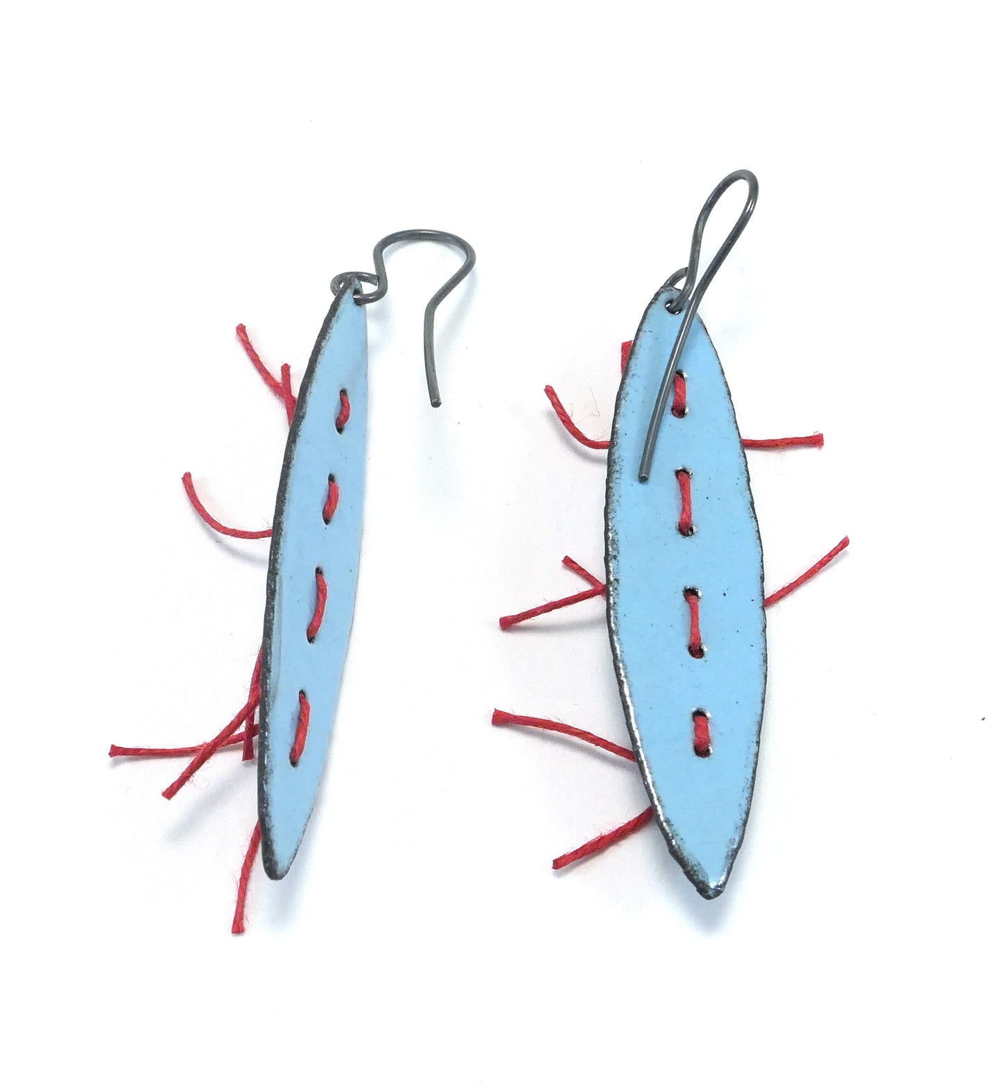 Earrings, Powder Blue enamel with red linen thread