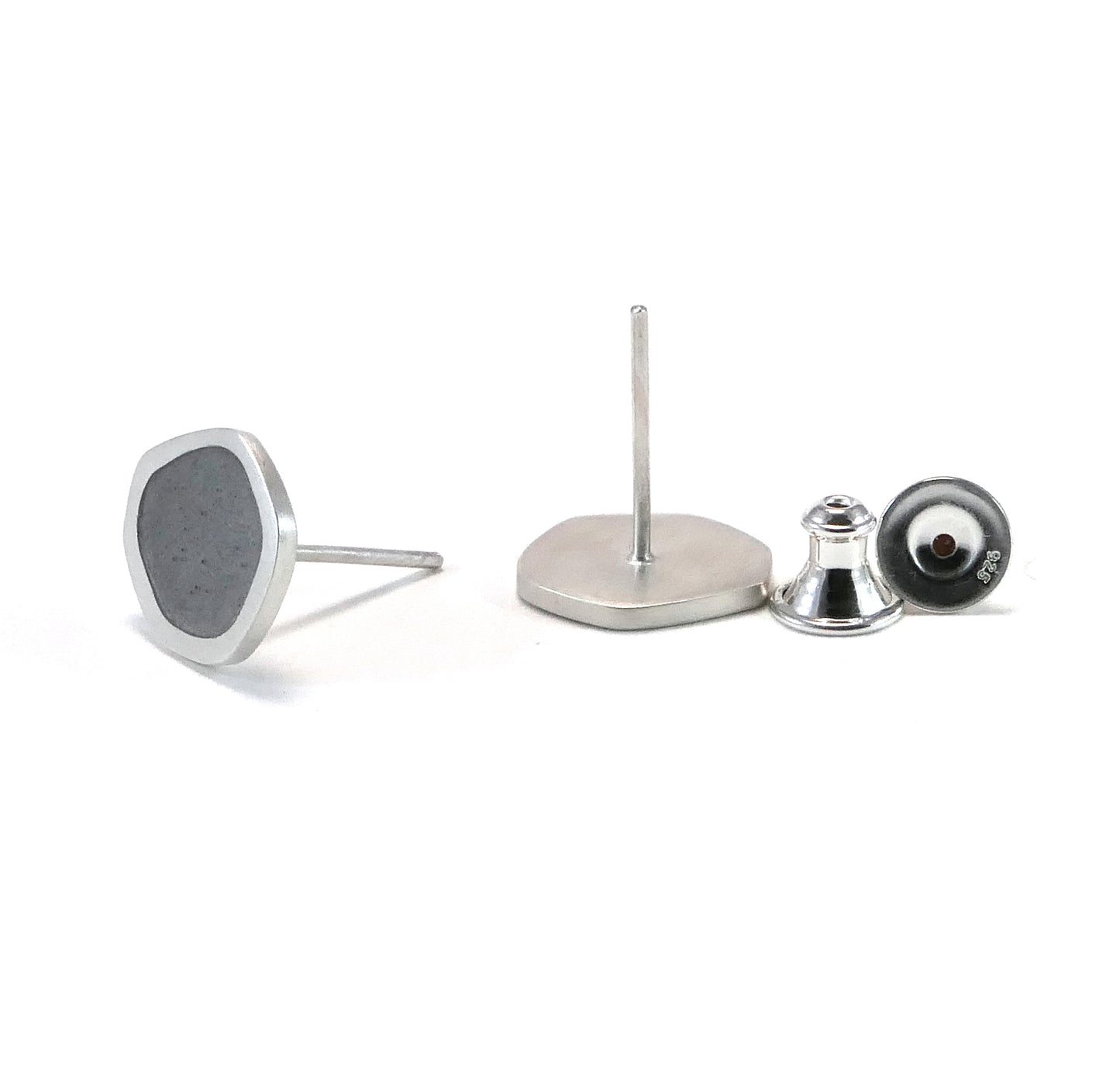 Flat boulder stud earrings, silver and violet grey enamel